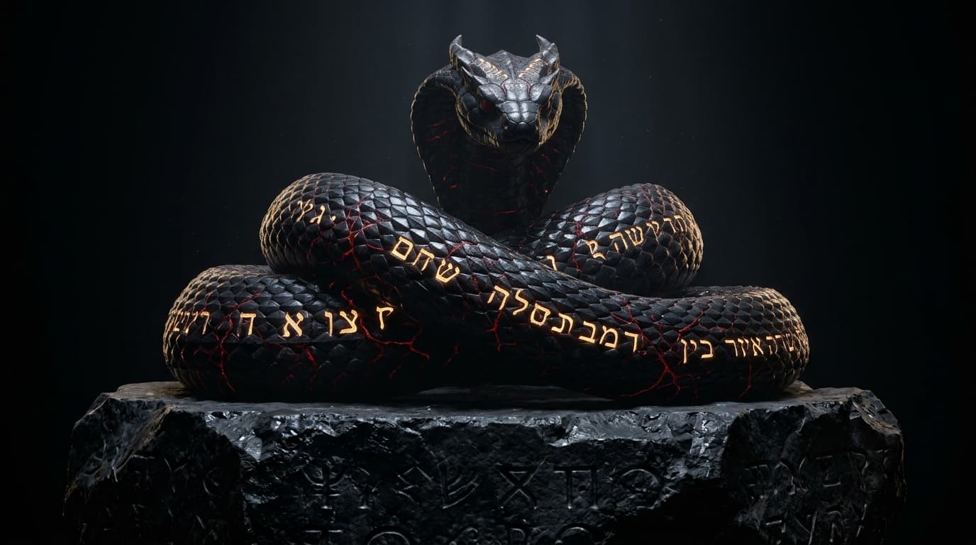 3D Photorealistic Serpent of Lilith on inscribed altar rock